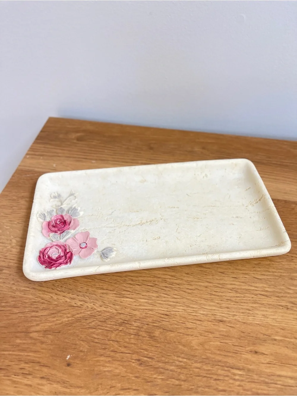 Cream Floral Ceramic/stone-like tray with Pink Rose Accent